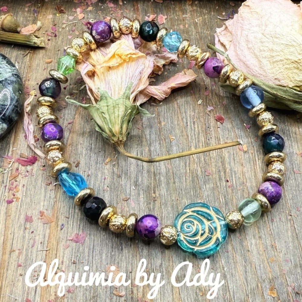 Gold purple gemstones handmade beaded bracelet